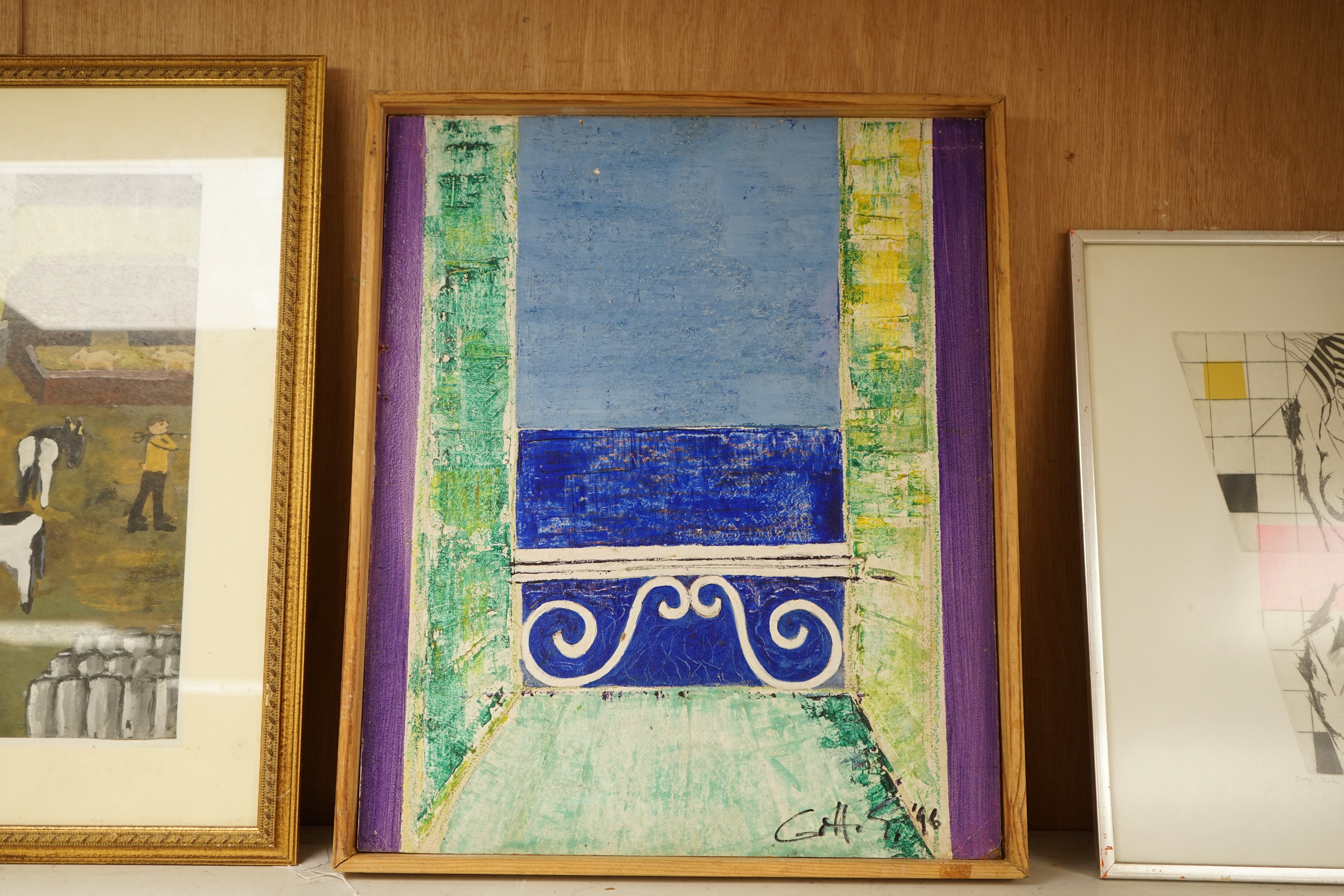 Ernest Gottschalk (1877-1942), mixed media on board, Sea view with rail, signed and dated '96, 51.5 x 43cm. Condition - poor to fair